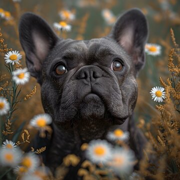 Adorable black french bulldog surrounded by white daisies. curious pet in a flower field. perfect image for dog lovers. AI