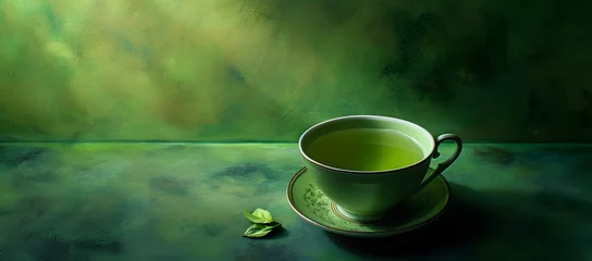 Deurstickers Bowl of green tea with leaves on it top view background © Oksana