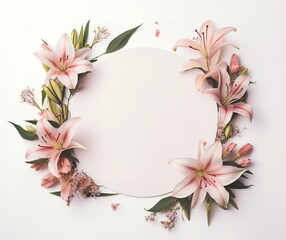 The empty circular frame is decorated with flower arrangements on the side. generative AI