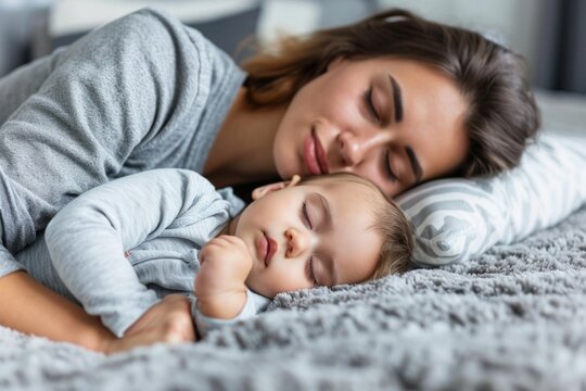 Young mother sleeping with child spending time lying on carpet floor sofa kid daughter family love care happiness joy smiling parents lifestyle relaxation home cute toddler mom young cheerful person