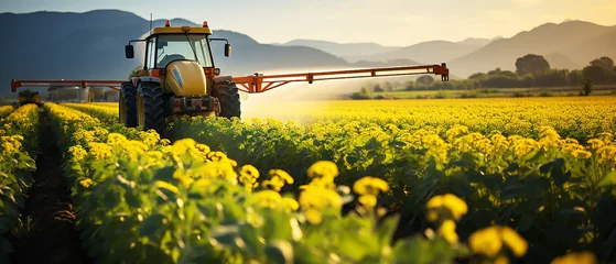 Poster Tractor sprays fertilizer and plant tonics in a yardlong bean garden © Inlovehem