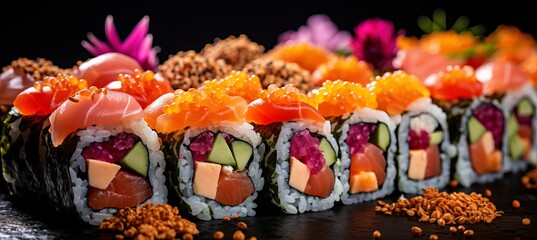 Deliciously arranged sushi rolls  vibrant, fresh, and elegantly presented with bright lighting
