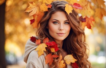 Woman with autumn leaves, autumn natural background