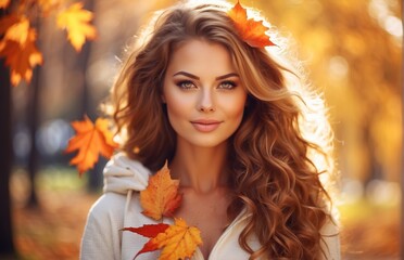 Naklejka premium Woman with autumn leaves, autumn natural background