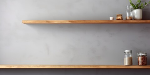 Empty wooden kitchen shelf with gray wall.