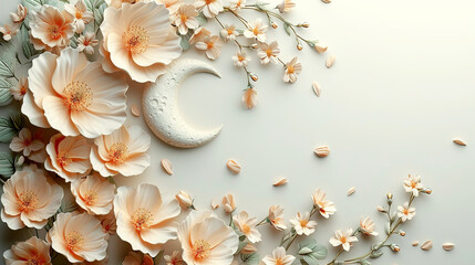 Obraz premium Beautiful pink flowers and a moon on a pink abstract copy space background, Eid Al-Adha concept