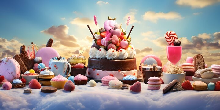 A whimsical sweet-tooth paradise with floating candy islands. dessert lover's dream landscape. a colorful fantasy confectionery world. AI