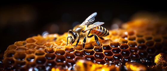 Bees pollinate and nectar in the hive - obrazy, fototapety, plakaty