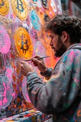 Obraz na płótnie Canvas A photo of a digital artist painting a canvas with cryptocurrency symbols, blending art and finance