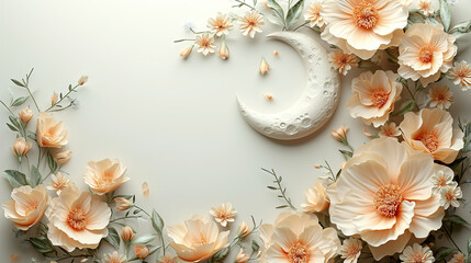 Obraz premium Beautiful pink flowers and a moon on a pink abstract copy space background, Eid Al-Adha concept