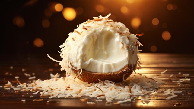 A high-detailed, full ultra HD image of a decadent white chocolate and coconut truffle surrounded by a sprinkling of toasted coconut flakes.