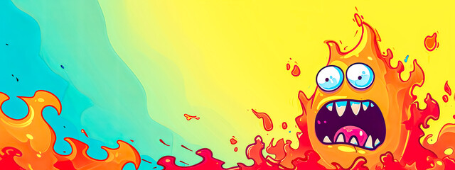 An animated, vibrant splash of liquid in bright orange and yellow hues with a cartoonish, expressive character emerging from it, set against a cool, aqua-colored background.