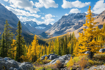 Scenic Landscapes of a high mountain valley and golden Larch Trees, Burstall Pass area of Kananaskis Country Alberta Canada on a sunny Autumn afternoon - obrazy, fototapety, plakaty