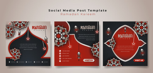 Social media post template with mandala background in red black and gold design for ramadan kareem advertisement, islamic background design - obrazy, fototapety, plakaty