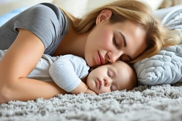Obraz na płótnie Canvas Young mother sleeping with child spending time lying on carpet floor sofa kid daughter family love care happiness joy smiling parents lifestyle relaxation home cute toddler mom young cheerful person