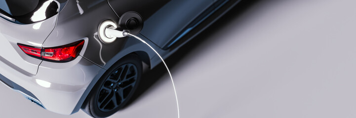 Gray electric car connected to charger on gray background with copy space. 3D Rendering, 3D Illustration