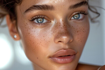 Close-up: Woman's face radiates natural beauty, healthy, clean skin. Flawless complexion adorned with minimal, natural makeup accentuates innate beauty.