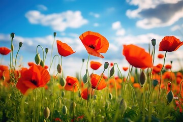 Obraz premium red poppies flower on a beautiful blue sky background. generative AI