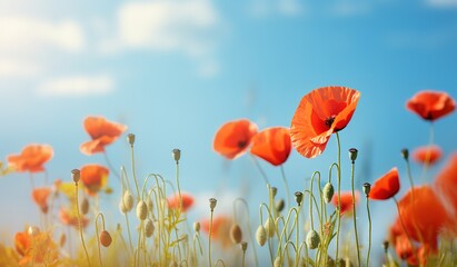 Obraz premium A field with red poppies blooming is beautiful in a photo against a bright blue sky