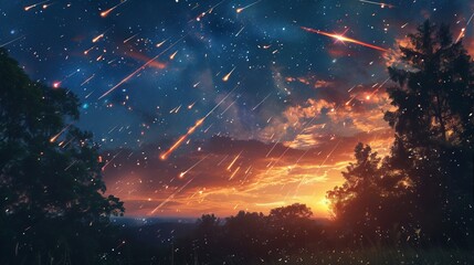 Colorful Shooting Stars in Anime Sky - obrazy, fototapety, plakaty