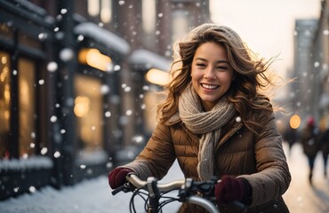 Fototapeta na wymiar Woman riding her bicycle through a winter urban cityscape