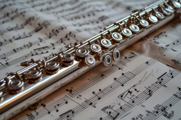 Silver flute resting on complicated sheet music