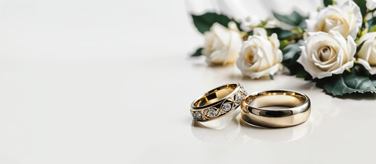 Wedding rings and roses close up on a white marble background. Wedding bands banner, website header, wedding invitation, minimalistic, elegant for wedding photographer, venue. Generative AI.	
