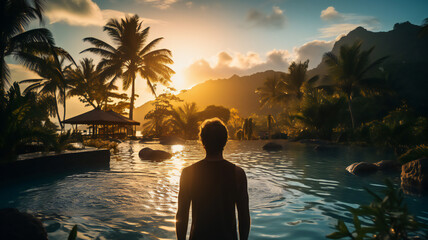 person, handsome man watching the sunset on the beach at a hotel in a tropical resort. Palms against mountains