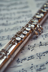 Obraz premium Silver flute resting on complicated sheet music