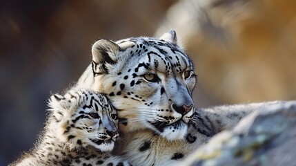 Fototapeta premium Mother Snow Leopard with Cub