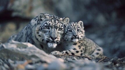 Mother Snow Leopard with Cub