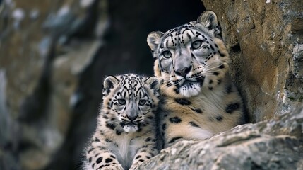 Mother Snow Leopard with Cub