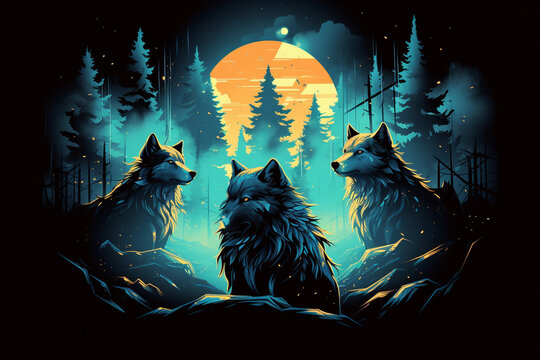 the wolf roars at the full moon in the darkness of the night