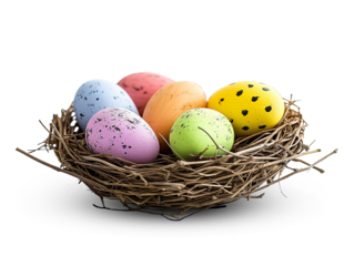 Colorful Easter eggs in a nest isolated on transparent or white background, png