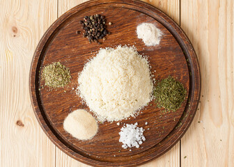 Ingredients for Homemade Breadcrumbs on Wooden Board - 718118531