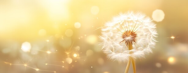 White dandelion flowers flying in the photo on a brown background with a glitter light effect behind it