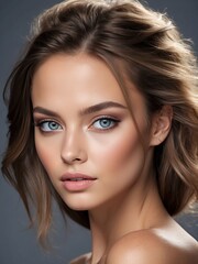 Naklejka premium Beautiful brunette woman portrait with tanned skin and blue eyes 