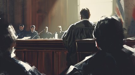 Serious Judge Presiding Over Sentencing Hearing - obrazy, fototapety, plakaty