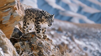Snow Leopard Climbing Steep Mountain Slope - obrazy, fototapety, plakaty