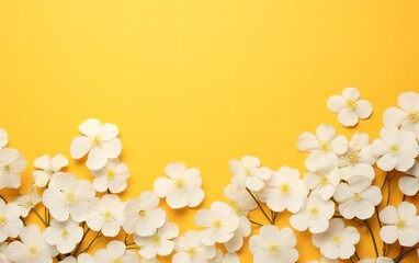 Beautiful white flowers in photo on yellow Background with empty space beside for your text. generative AI