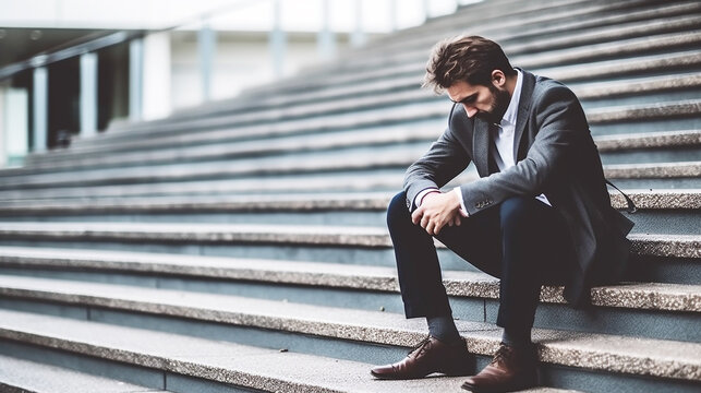 Businessman sitting on stairs with stressed mood