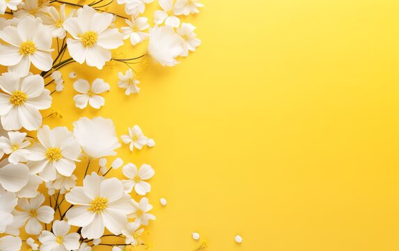 Beautiful white flowers in photo on yellow Background with empty space beside for your text. generative AI