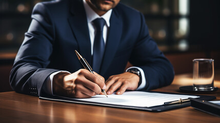 Businessman signs important documents into a contract to purchase investment assets
