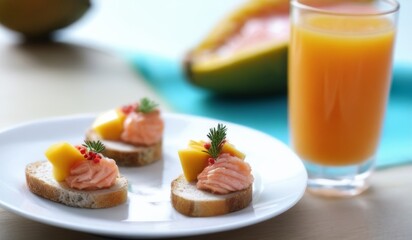 Snacks with salmon, mango on rye bread, and a glass of juice in a bright setting.