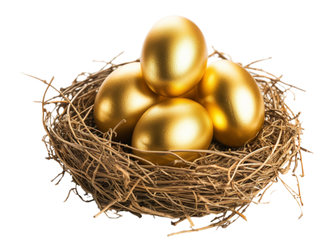 Golden eggs in a nest isolated on transparent or white background, png