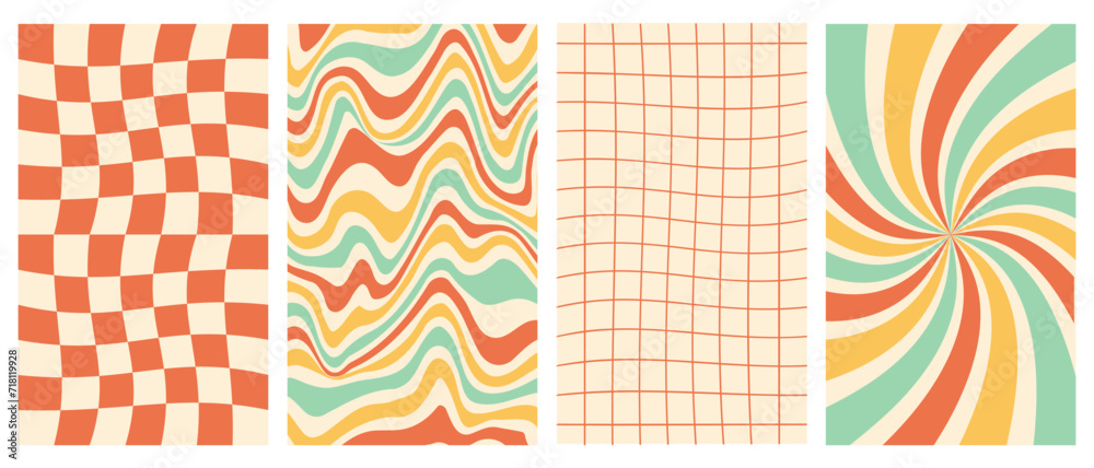 Sticker vertical groovy posters in trendy retro 70s style. chessboard and twisted patterns. vector illustrat