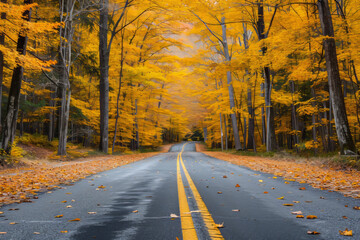 Naklejka premium Road with yellow trees in autumn