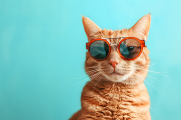 Cute cat wearing sunglasses over background.