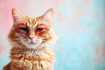 Cute cat wearing sunglasses over background.