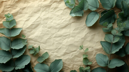 green leaves on a crumpled paper  background
